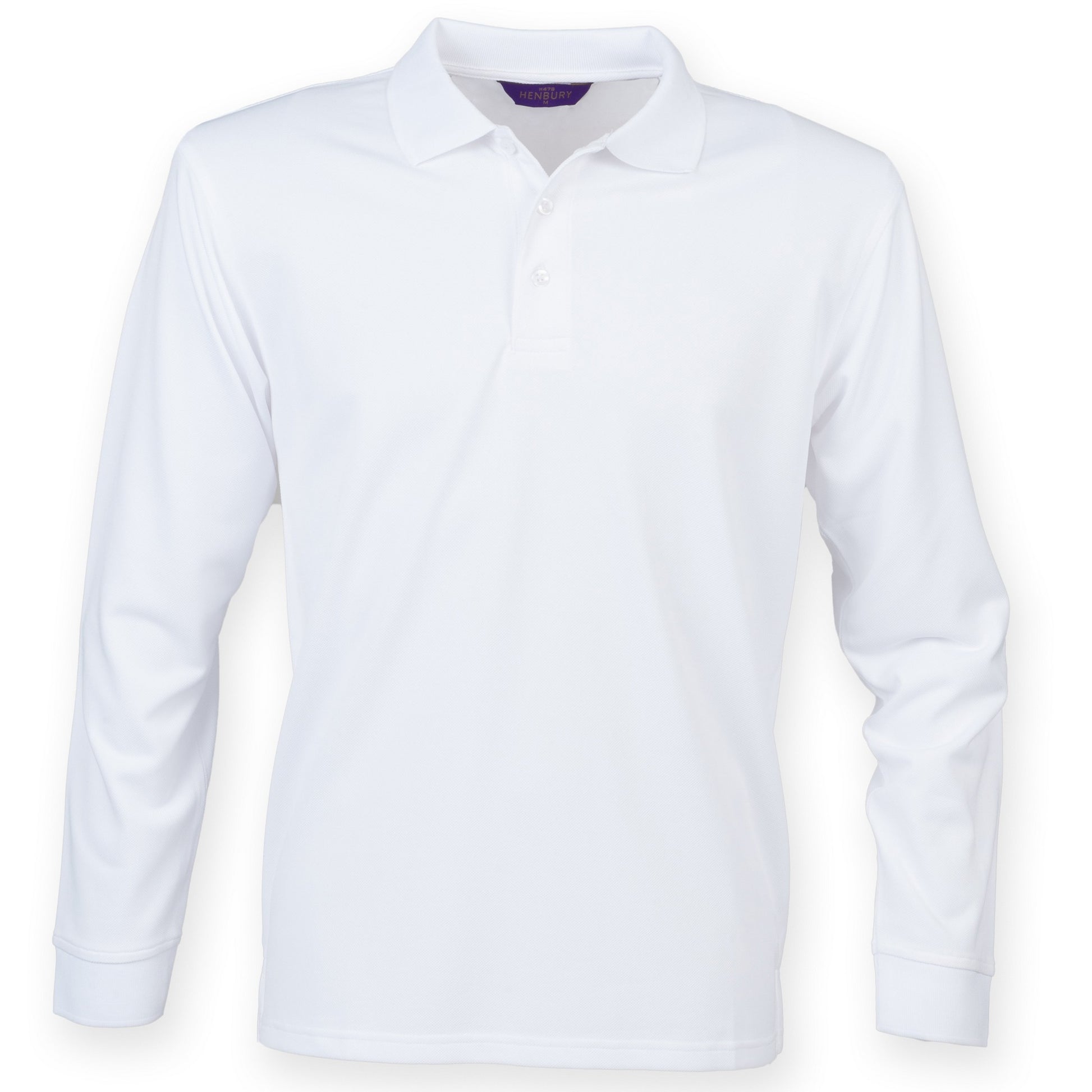 White - Front - Henbury Mens Coolplus Moisture Wicking Long Sleeve Polo Shirt