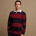 Burgundy-Navy - Back - Front Row Sewn Stripe Long Sleeve Sports Rugby Polo Shirt