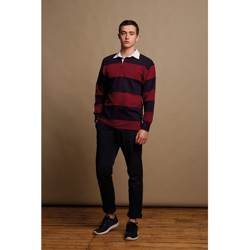 Burgundy-Navy - Side - Front Row Sewn Stripe Long Sleeve Sports Rugby Polo Shirt