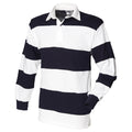 White & Navy (White collar) - Front - Front Row Sewn Stripe Long Sleeve Sports Rugby Polo Shirt