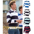 White & Navy (White collar) - Back - Front Row Sewn Stripe Long Sleeve Sports Rugby Polo Shirt