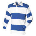 White & Royal (White collar) - Front - Front Row Sewn Stripe Long Sleeve Sports Rugby Polo Shirt