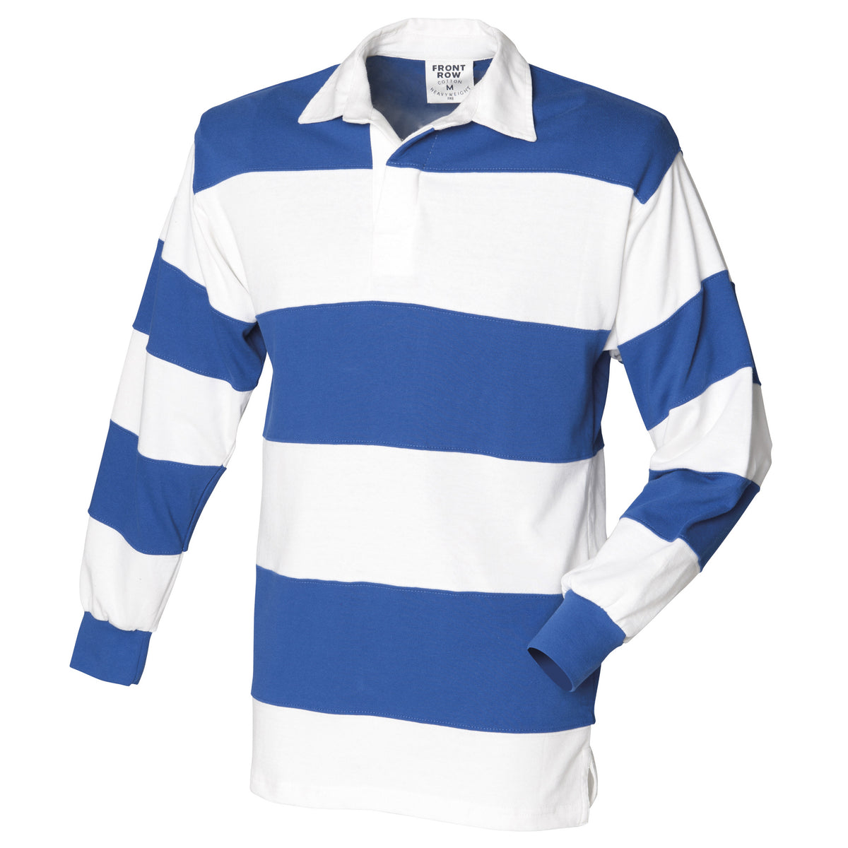 White & Royal (White collar) - Front - Front Row Sewn Stripe Long Sleeve Sports Rugby Polo Shirt