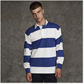 White & Royal (White collar) - Back - Front Row Sewn Stripe Long Sleeve Sports Rugby Polo Shirt