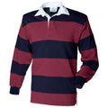 Burgundy-Navy - Front - Front Row Sewn Stripe Long Sleeve Sports Rugby Polo Shirt