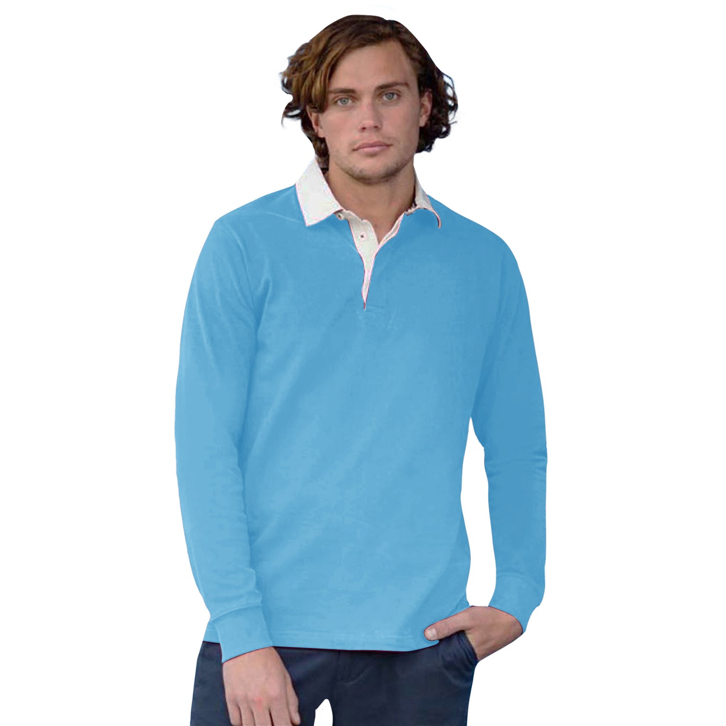 Surf Blue-White - Side - Front Row Long Sleeve Classic Rugby Polo Shirt