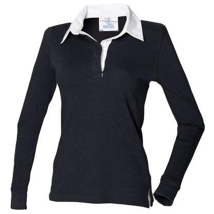 Black-White - Front - Front Row Womens-Ladies Long Sleeve Plain Sports Rugby Polo Shirt