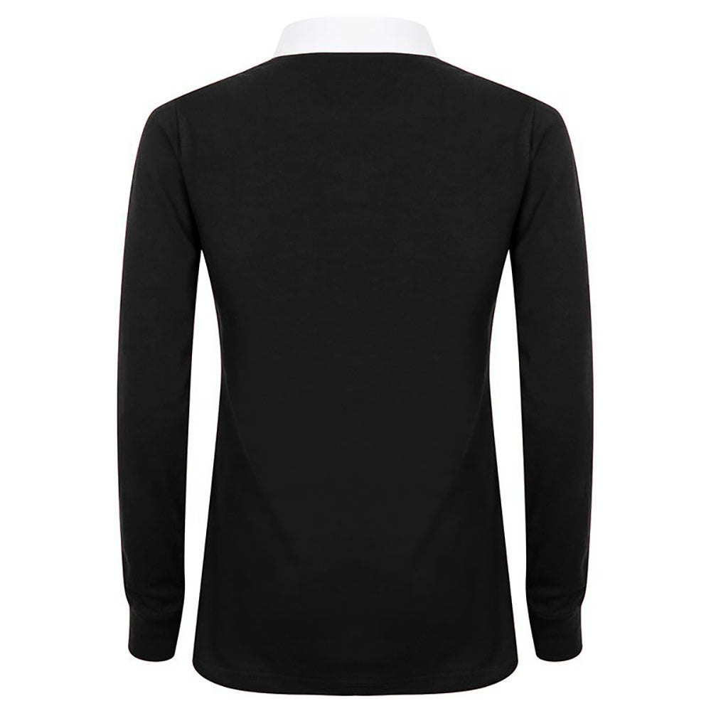 Black-White - Back - Front Row Womens-Ladies Long Sleeve Plain Sports Rugby Polo Shirt
