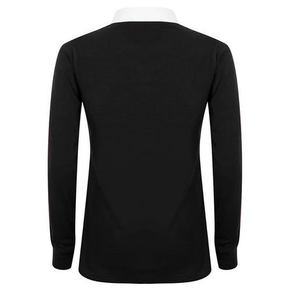 Black-White - Back - Front Row Womens-Ladies Long Sleeve Plain Sports Rugby Polo Shirt