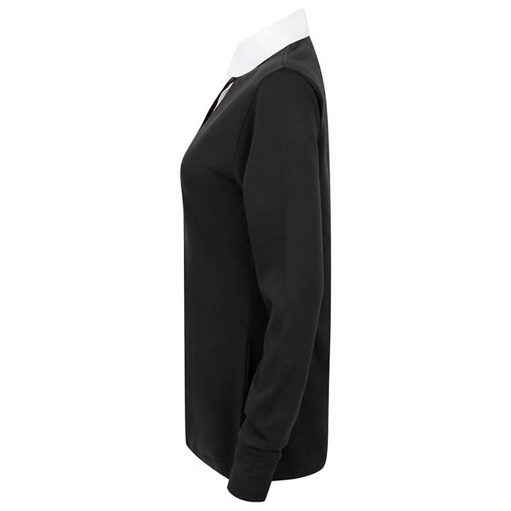 Black-White - Side - Front Row Womens-Ladies Long Sleeve Plain Sports Rugby Polo Shirt