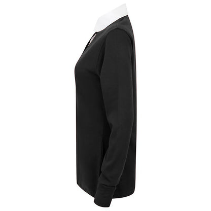 Black-White - Side - Front Row Womens-Ladies Long Sleeve Plain Sports Rugby Polo Shirt