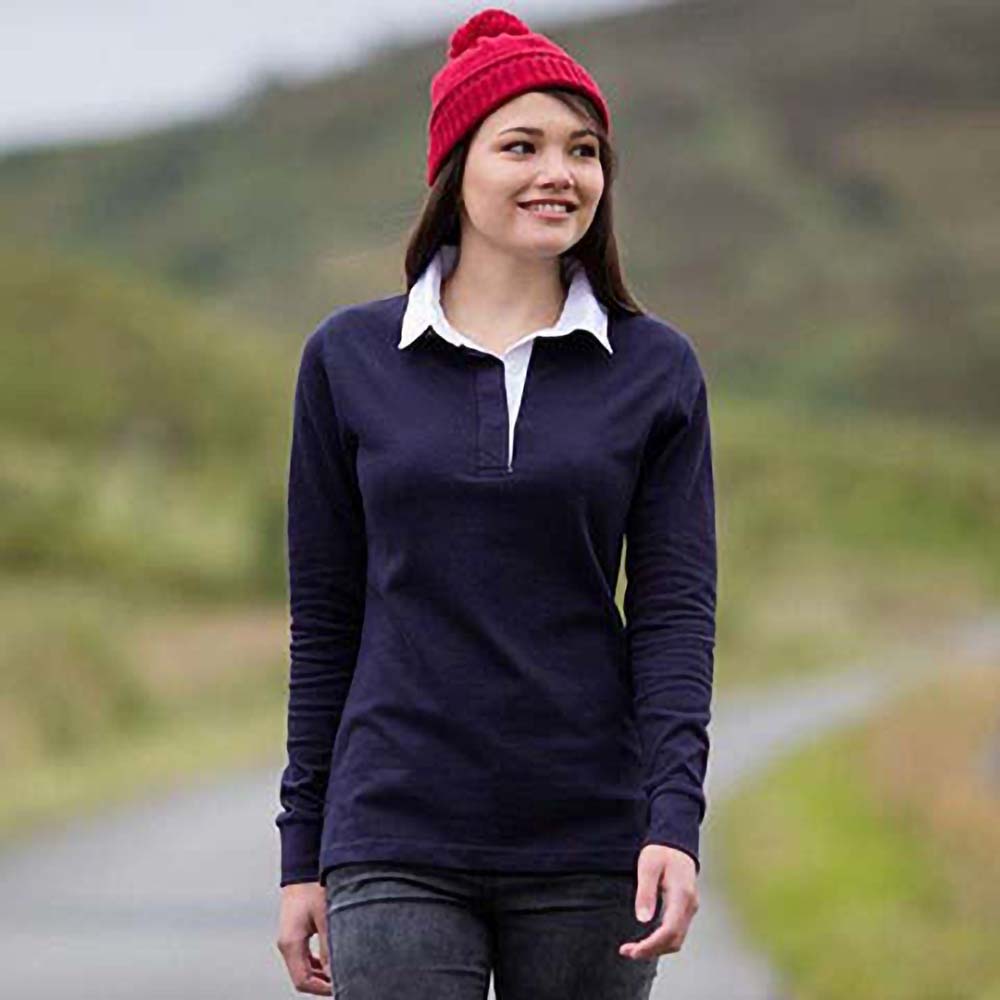 Navy-White - Side - Front Row Womens-Ladies Long Sleeve Plain Sports Rugby Polo Shirt