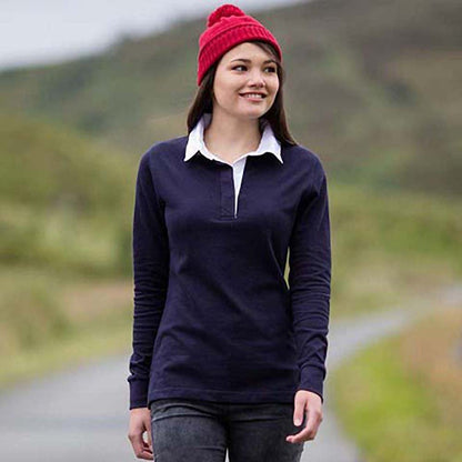 Navy-White - Side - Front Row Womens-Ladies Long Sleeve Plain Sports Rugby Polo Shirt