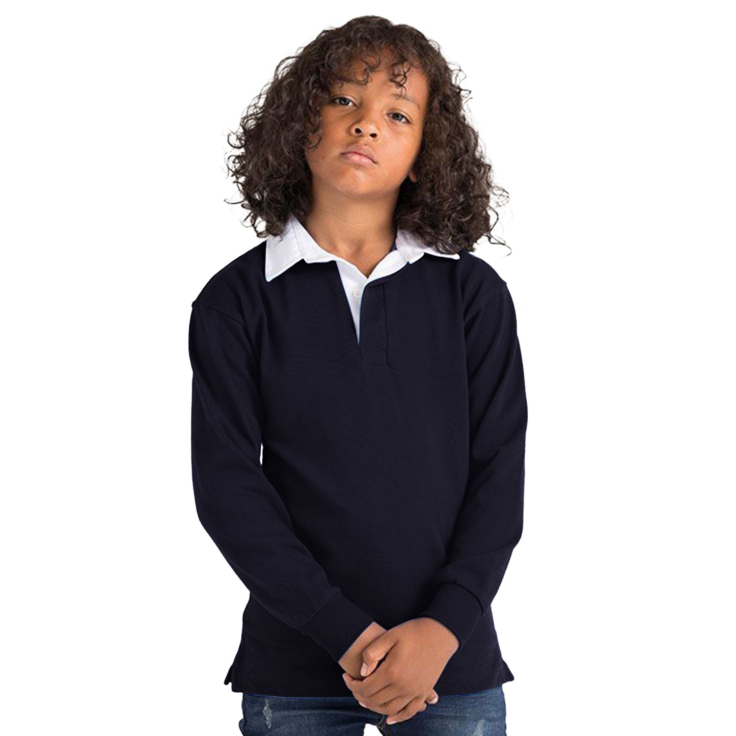 Navy - Side - Front Row Kids Unisex Long Sleeve Plain Rugby Sports Polo Shirt