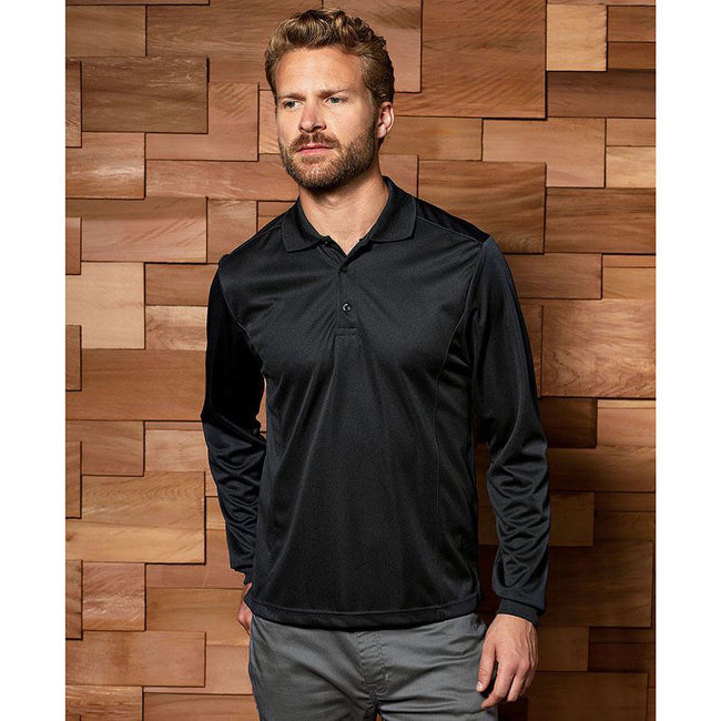 Black - Back - Premier Mens Long Sleeve Coolchecker Pique Polo Shirt