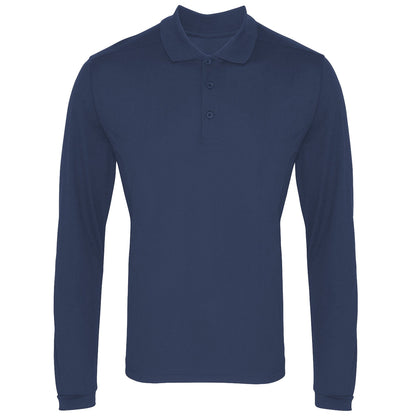 Navy - Front - Premier Mens Long Sleeve Coolchecker Pique Polo Shirt