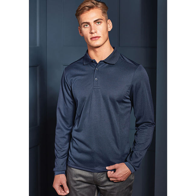 Navy - Back - Premier Mens Long Sleeve Coolchecker Pique Polo Shirt