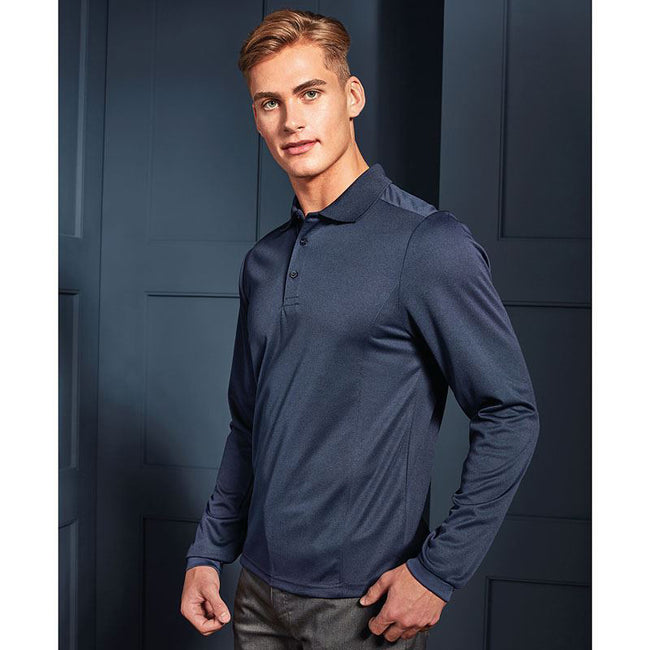 Navy - Side - Premier Mens Long Sleeve Coolchecker Pique Polo Shirt
