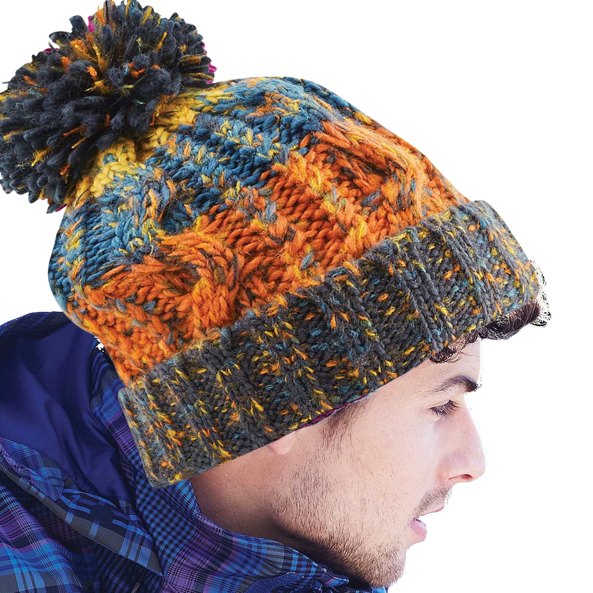 Retro Blue - Side - Beechfield Unisex Adults Corkscrew Knitted Pom Pom Beanie Hat