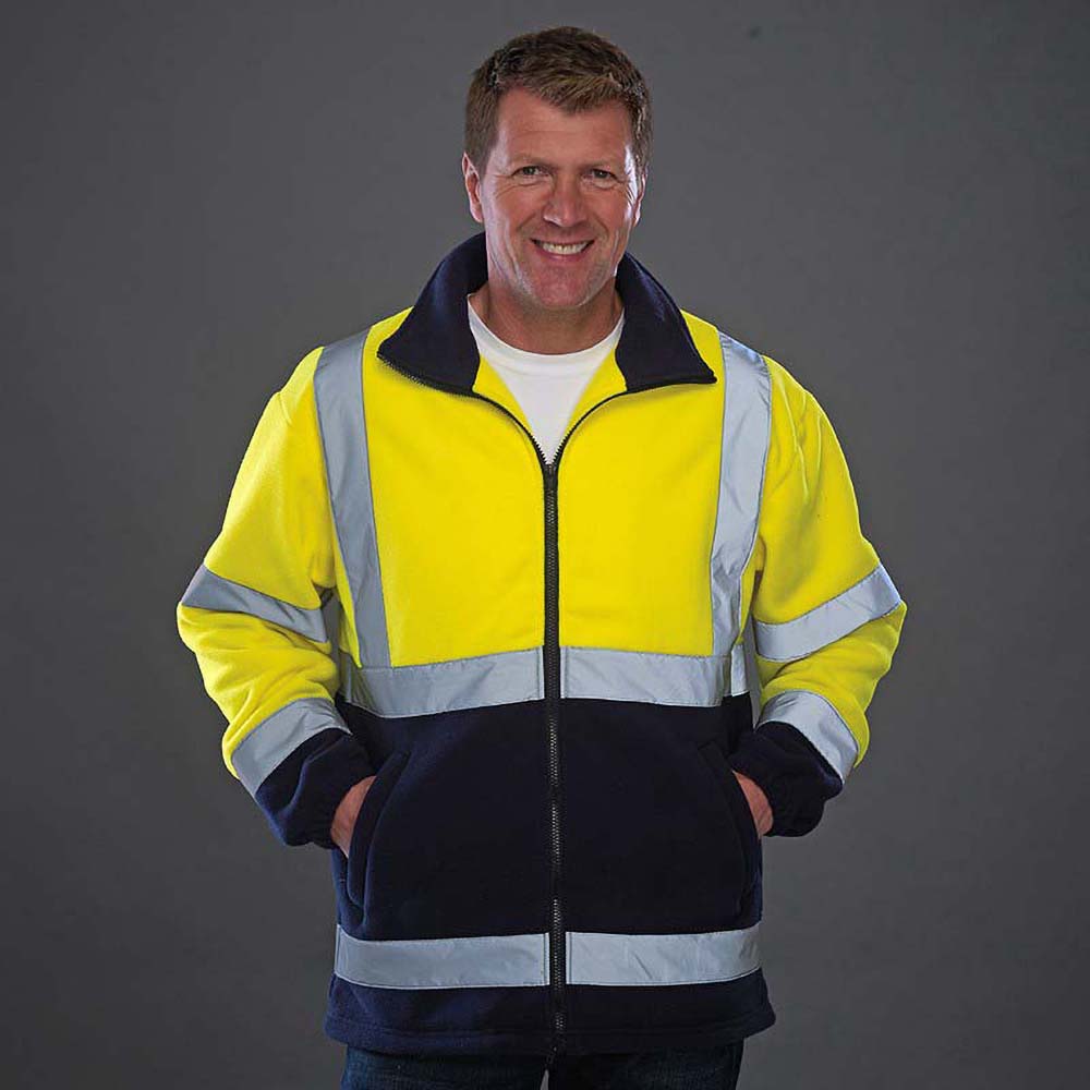 Yellow- Navy - Back - Yoko Mens Hi Visibility Full Zip Reflective Work Hoodie