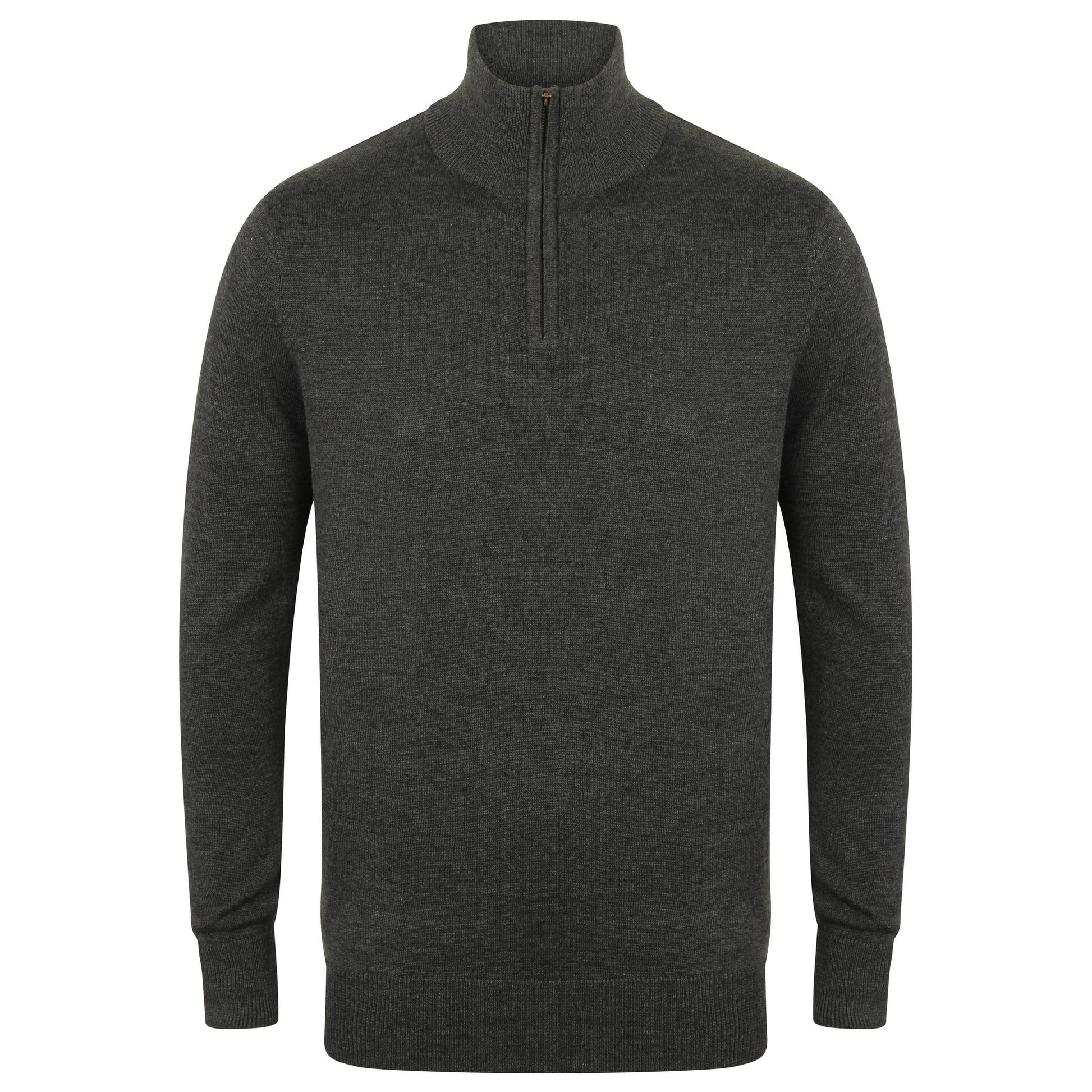 Grey Marl - Front - Henbury Mens 1-4 Zip Long Sleeve Jumper