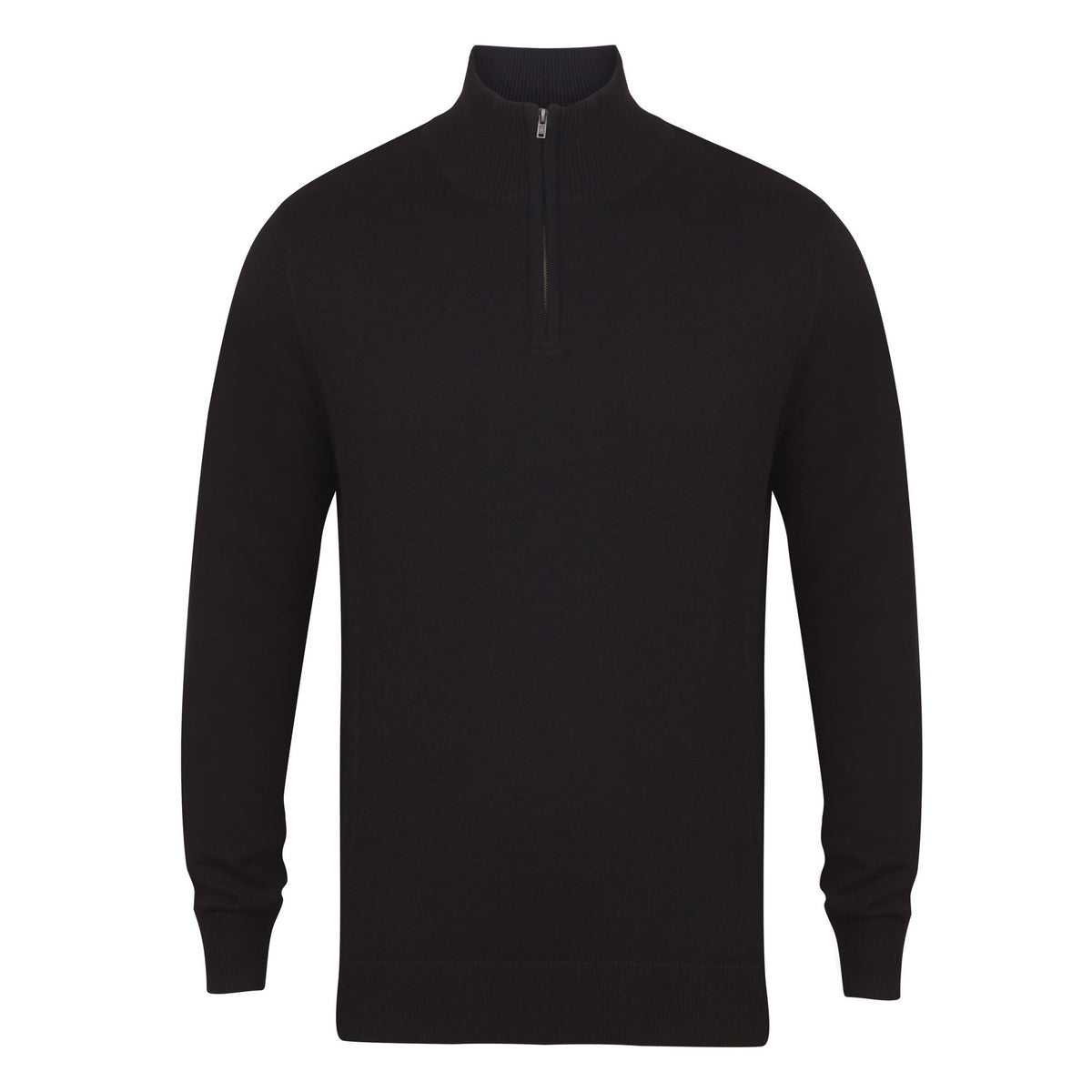 Black - Front - Henbury Mens 1-4 Zip Long Sleeve Jumper