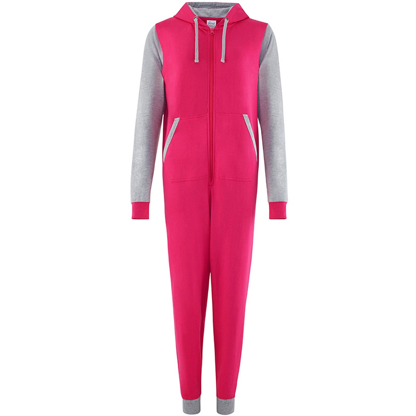 Hot Pink-Heather Grey - Front - Comfy Co Adults Unisex Two Tone Contrast All-In-One Onesie