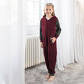 Burgundy-Charcoal - Back - Comfy Co Childrens-Kids Two Tone Contrast All-In-One Onesie