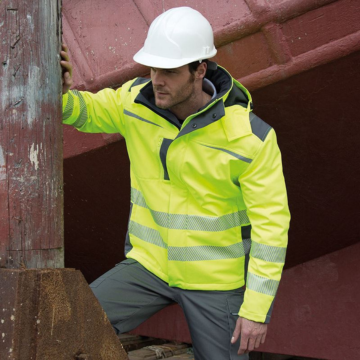 Yellow - Back - Result Safeguard Mens Dynamic Hi-Visibility Softshell Work Coat