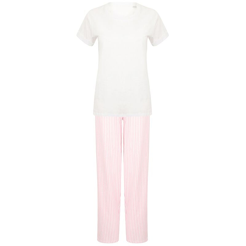 White-Pink-White Stripe - Front - Towel City Womens-Ladies Pyjama T-Shirt And Bottoms Set