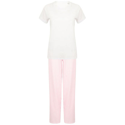 White-Pink-White Stripe - Front - Towel City Womens-Ladies Pyjama T-Shirt And Bottoms Set