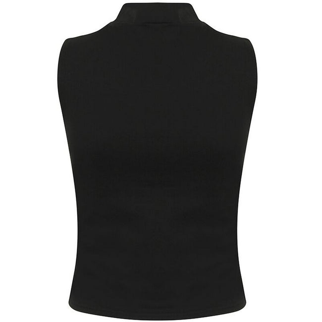 Black - Side - Skinni Fit Womens-Ladies High Neck Crop Sleeveless Vest Top