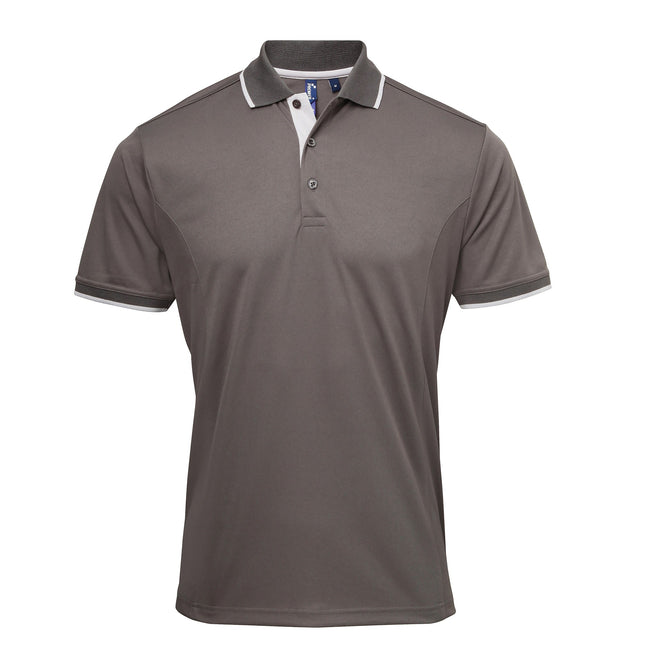 Dark Grey-Silver - Front - Premier Mens Contrast Coolchecker Polo Shirt