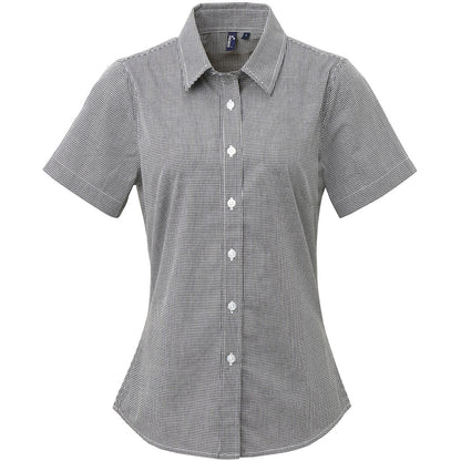 Black-White - Front - Premier Womens-Ladies Microcheck Short Sleeve Cotton Shirt