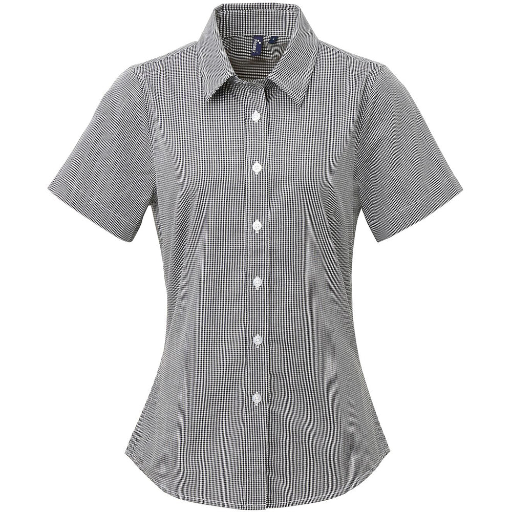 Black-White - Front - Premier Womens-Ladies Microcheck Short Sleeve Cotton Shirt
