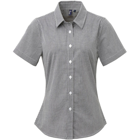 Black-White - Front - Premier Womens-Ladies Microcheck Short Sleeve Cotton Shirt