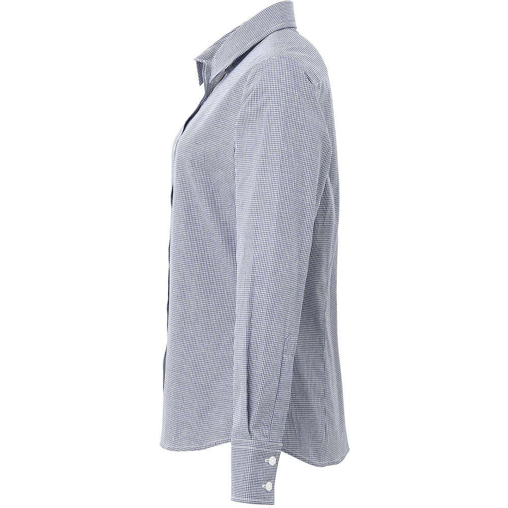 Navy-White - Side - Premier Womens-Ladies Microcheck Long Sleeve Shirt