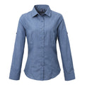 Indigo Denim - Front - Premier Womens-Ladies Poplin Cross-Dye Roll Sleeve Long Sleeve Shirt