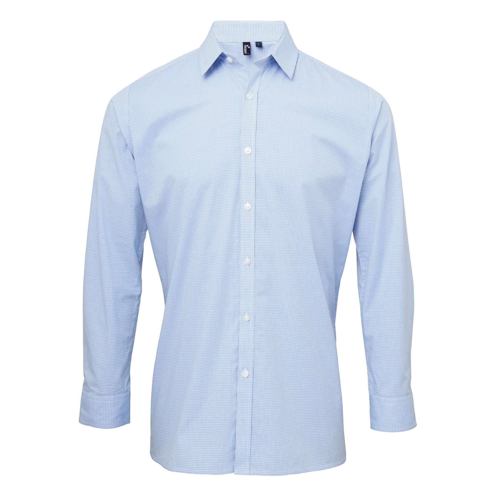 Light Blue-White - Front - Premier Mens Microcheck Long Sleeve Shirt