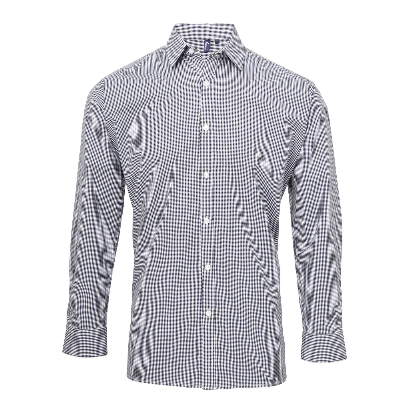 Navy-White - Front - Premier Mens Microcheck Long Sleeve Shirt