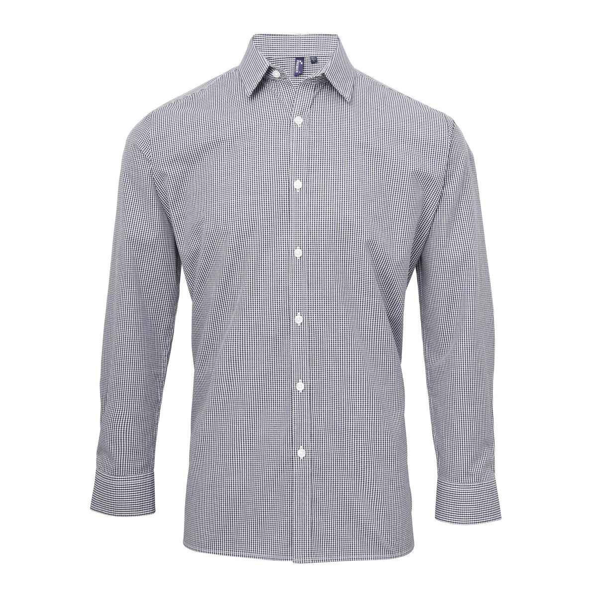 Navy-White - Front - Premier Mens Microcheck Long Sleeve Shirt