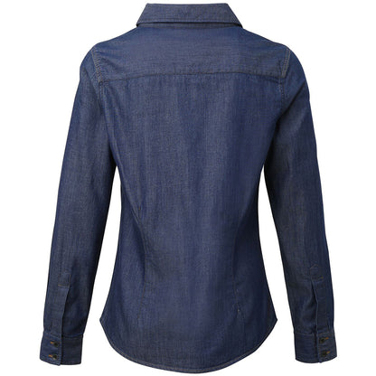 Indigo Denim - Back - Premier Womens-Ladies Jeans Stitch Long Sleeve Denim Shirt