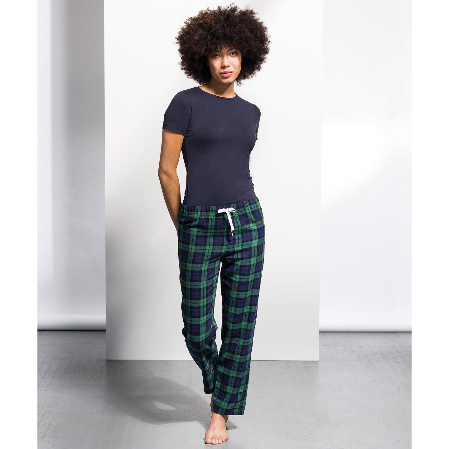Navy-Green Check - Back - Skinnifit Womens-Ladies Tartan Lounge Pants