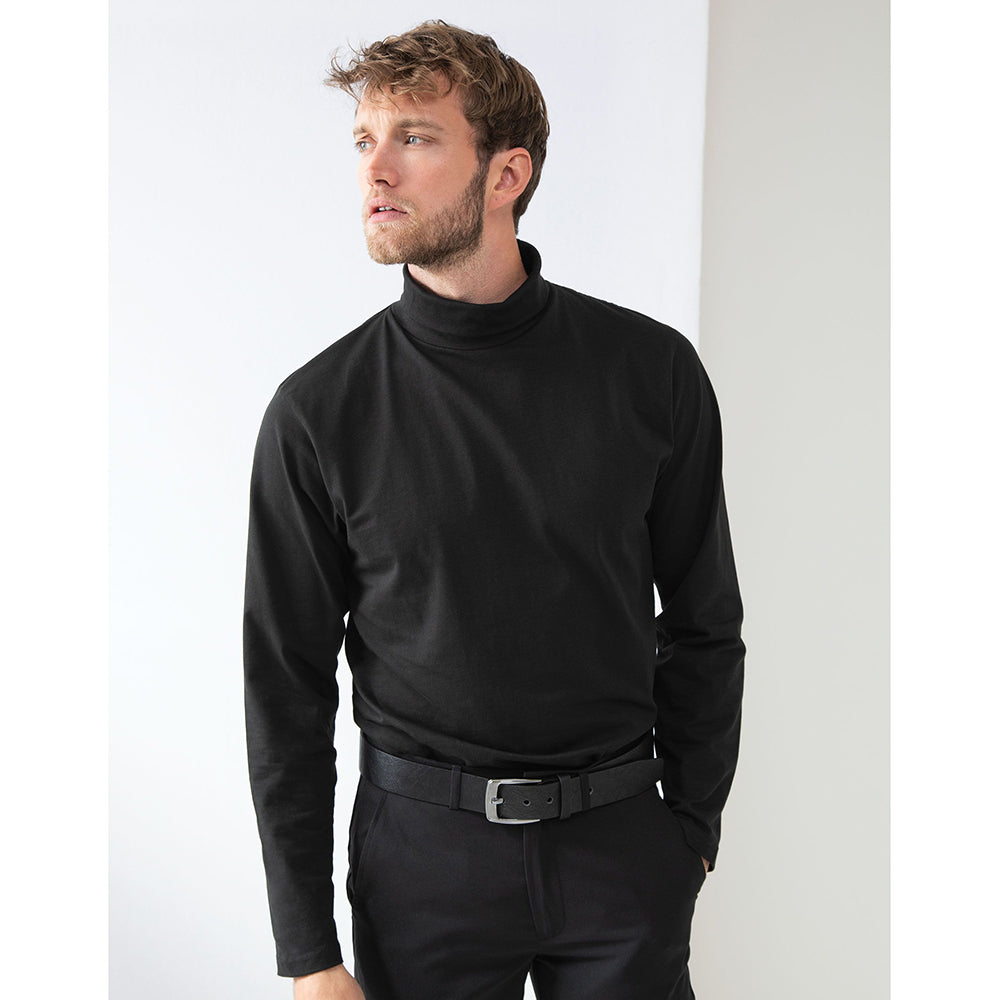 Black - Close up - Henbury Mens Long Sleeve Cotton Rich Roll Neck Top - Sweatshirt