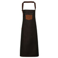 Indigo-Brown Denim - Front - Premier Unisex Adults Division Waxed Look Faux Leather Denim Bib Apron