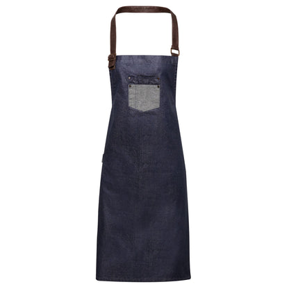 Indigo Denim - Front - Premier Unisex Adults Division Waxed Look Faux Leather Denim Bib Apron