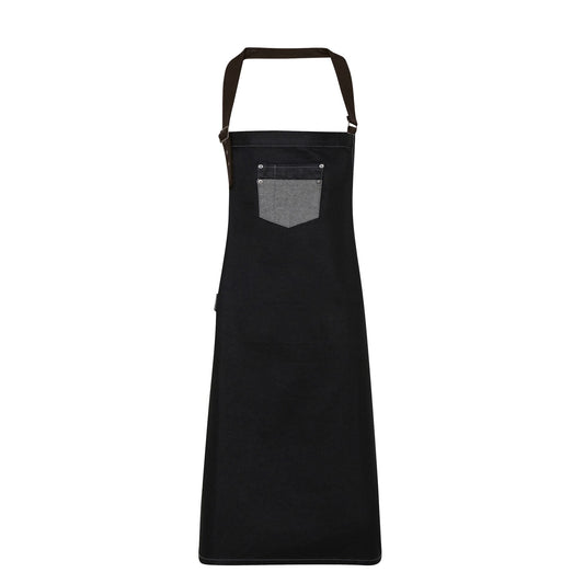 Black Denim - Front - Premier Unisex Adults Division Waxed Look Faux Leather Denim Bib Apron