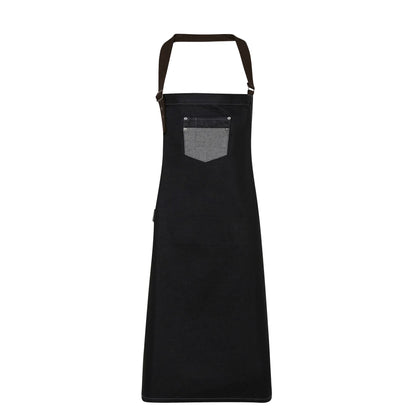 Black Denim - Front - Premier Unisex Adults Division Waxed Look Faux Leather Denim Bib Apron