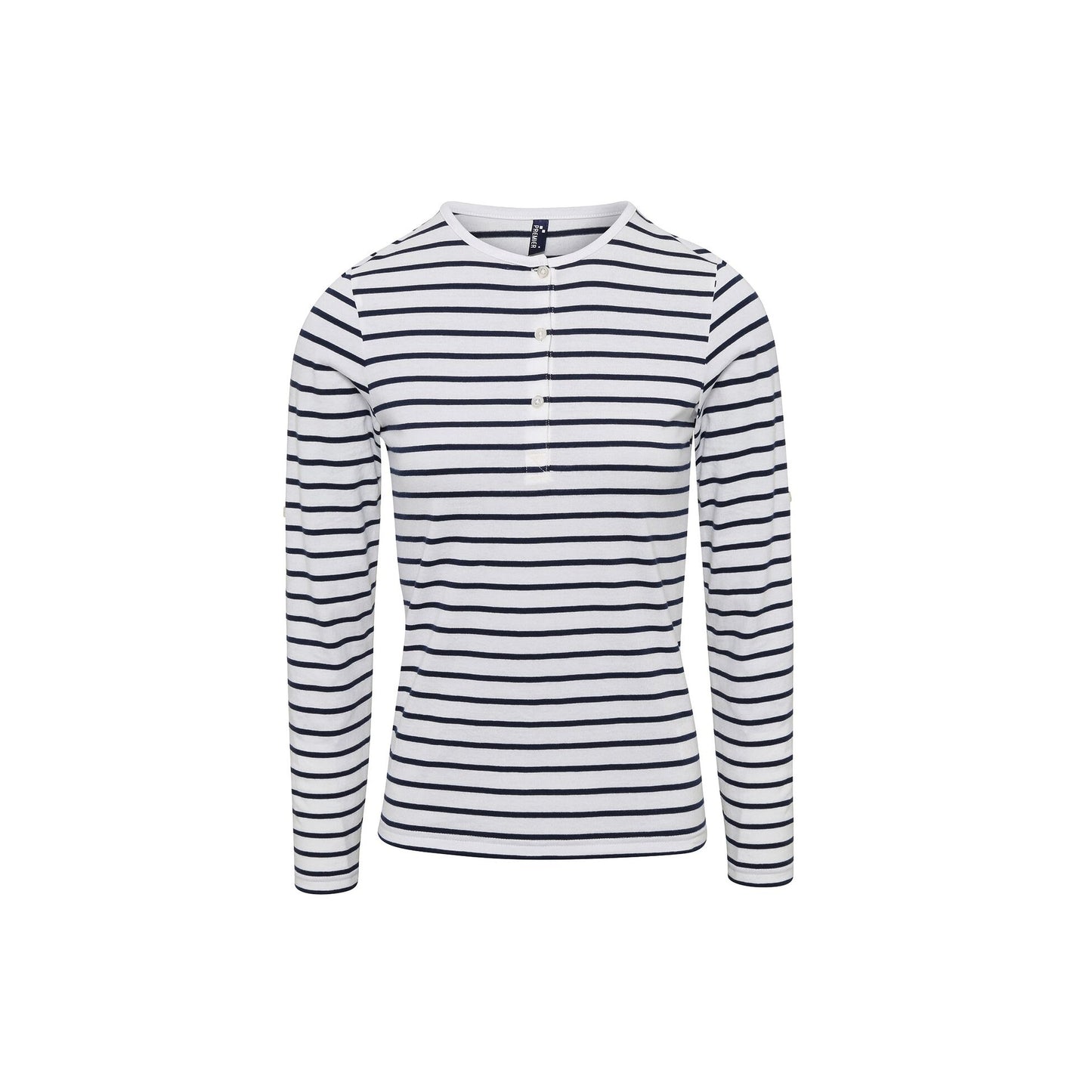 White-Navy - Front - Premier Womens-Ladies Long John Roll Sleeve Tee