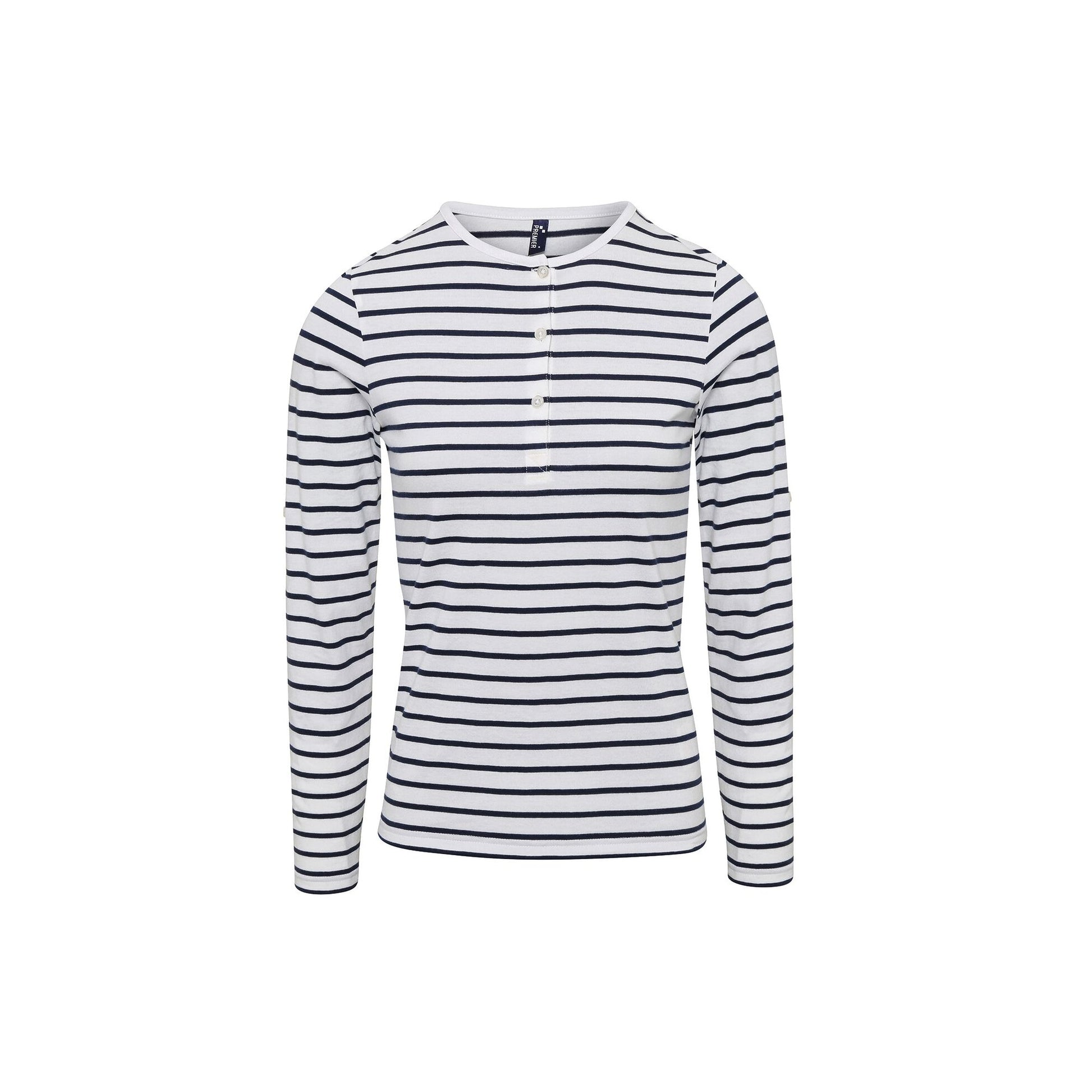 White-Navy - Front - Premier Womens-Ladies Long John Roll Sleeve Tee